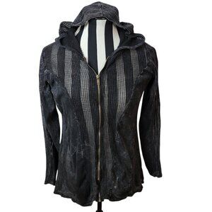 Fishnet Style Zip Up Hoodie Jacket - Size S - Black Mineral Wash - Super Cute
